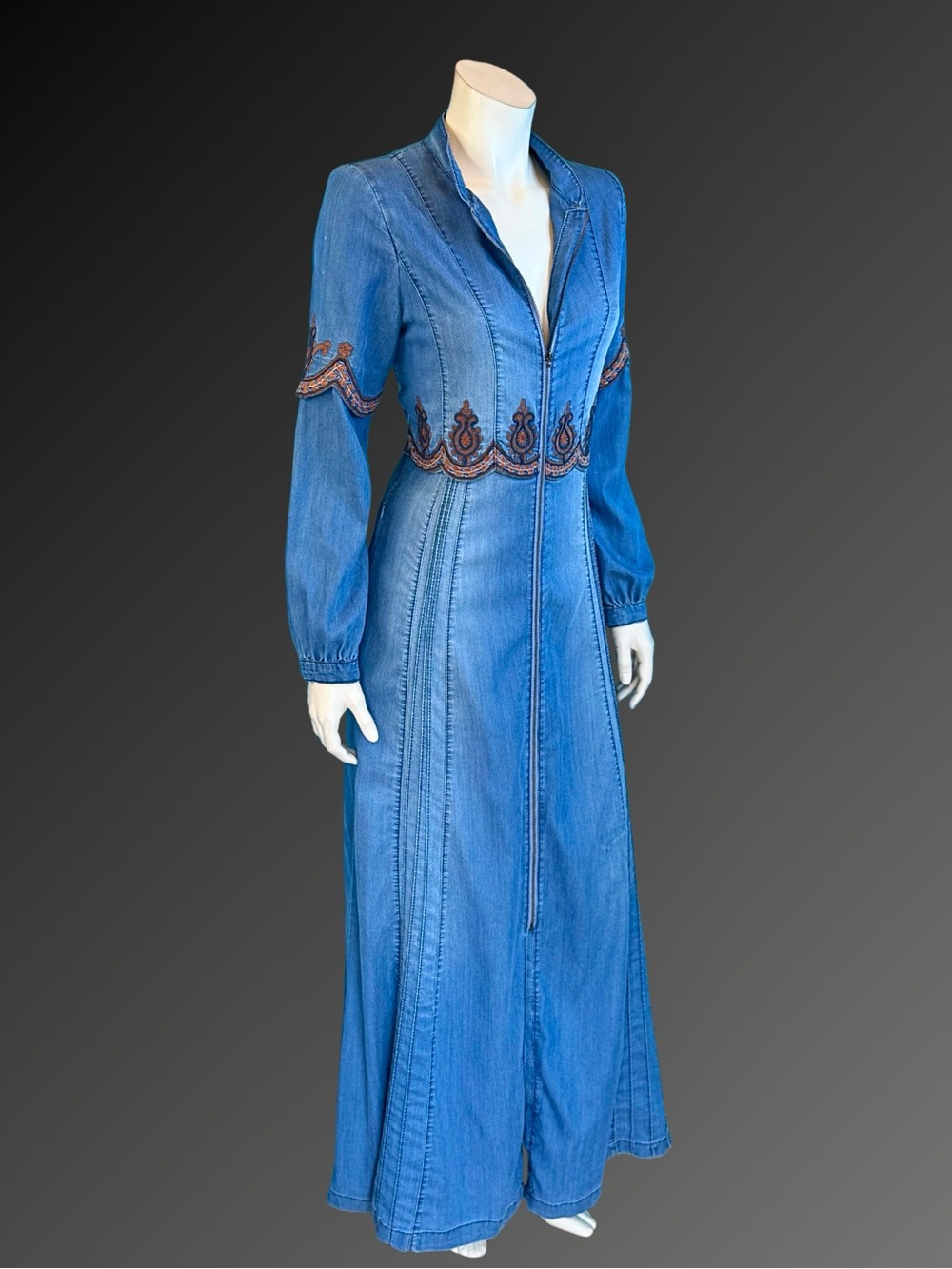 Vintage Y2K Denim Embroidered Boho Maxi Duster or Coat Dress | S M - Picture 10 of 16